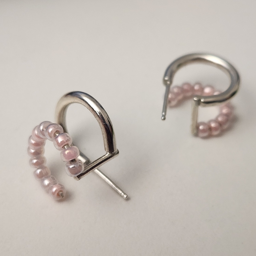 Delicate Pink Beaded Hoop Earrings - Silver Accent